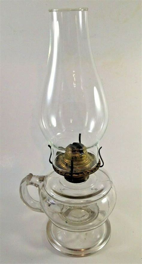 Vintage Clear Kerosene Glass Oil Lamp Handled With Chimney Antique