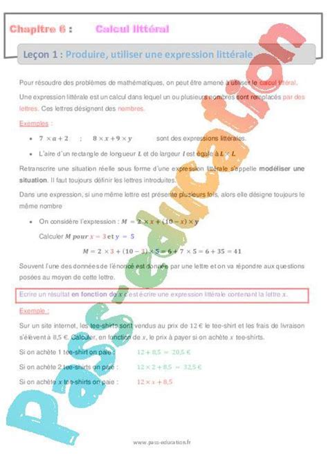 Produire utiliser une expression littérale 5ème Calcul littéral