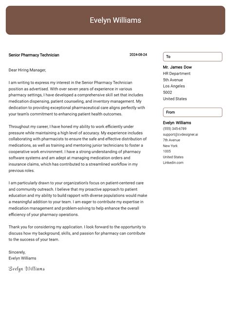Senior Pharmacy Technician Cover Letter Example For 2024 Download