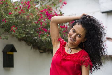 Beautiful Colombian Woman With Curly Hair Stock Image Image Of Street