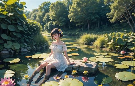 Premium Photo A Beautiful Brunette In A White Wet Dress Is Sitting In The Water A Beautiful Nymph