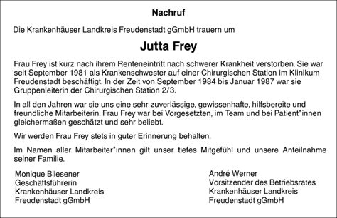 Traueranzeigen von Jutta Frey Schwarzwälder Bote Trauer