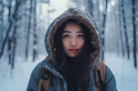 Premium AI Image Asian Woman Lost In Snowy Winter Forest At Day