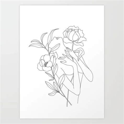 Buy Minimal Line Art Woman With Peonies Art Print By Nadja1 Worldwide