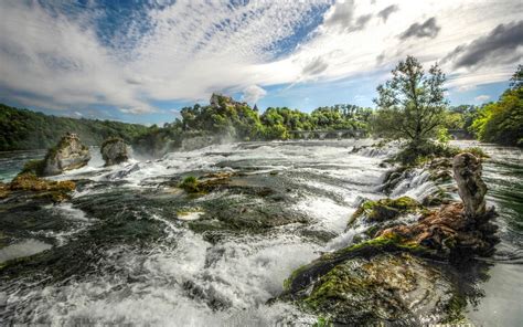 Nature Landscape Trees River Bridge Clouds Rapids Rock Water Wallpaper