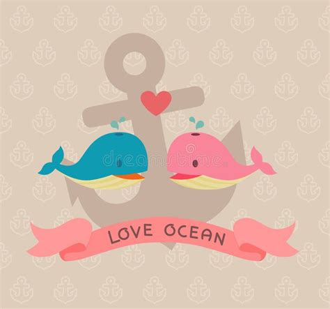 Ame La Bandera Del Océano Dos Ballenas En Amor Ilustración del Vector