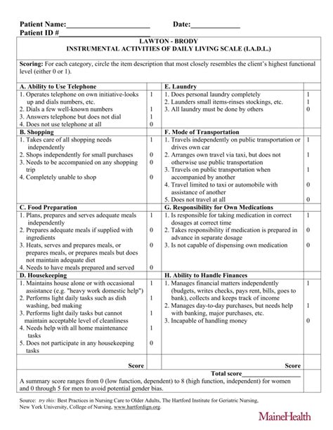 Lawton Brody Instrumental Activities Of Daily Living Scale Iadl