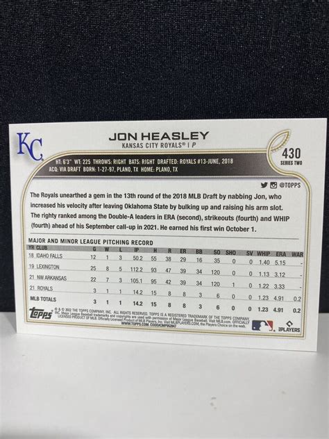 Topps Series Jon Heasley Rookie Kansas City Royals Ebay