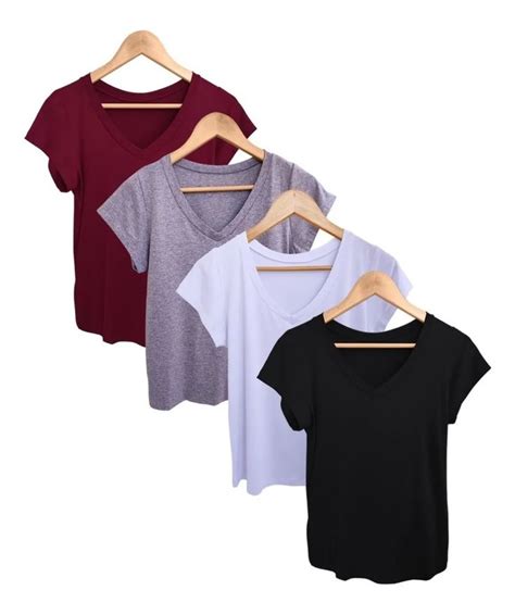 Kit 4 Blusa Camiseta Feminina Gola V Babylook Básica Lisa R 78 9