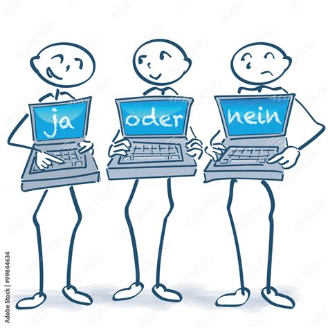 Strichmännchen mit drei Laptops und der Frage ja oder nein Stock Vector