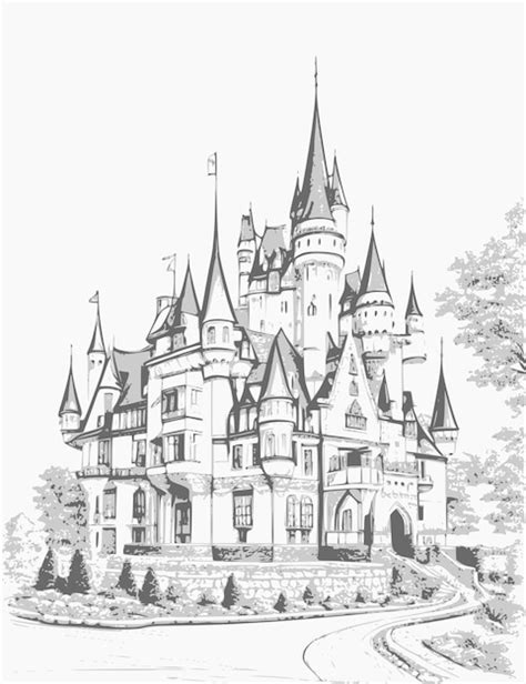 Premium Vector | A drawing of a castle in black and white.