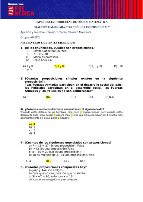 Práctica Calificada N 03 EXPERIENCIA CURRICULAR DE LÓGICO MATEMÁTICA