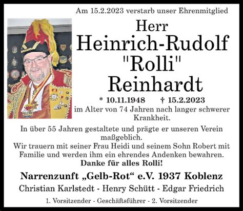 Traueranzeigen Von Heinrich Rudolf Reinhardt Rz Trauer De