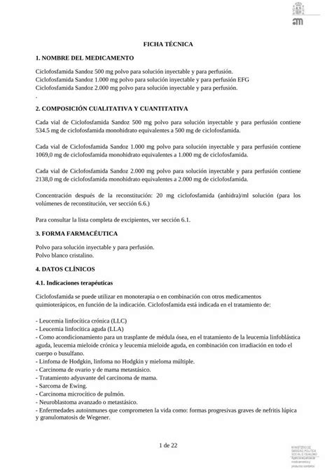 Pdf Ficha TÉcnica 1 Nombre Del Medicamento 2 … · Ciclofosfamida Sandoz 2 000 Mg Polvo Para