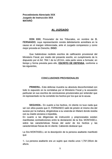 Escrito De Defensa Procedimiento Abreviado Actualizado Enero