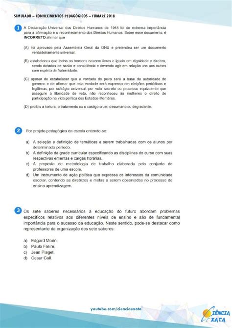 PDF SIMULADO CONHECIMENTOS PEDAGÓGICOS FUMARC 2018cienciaexata wp