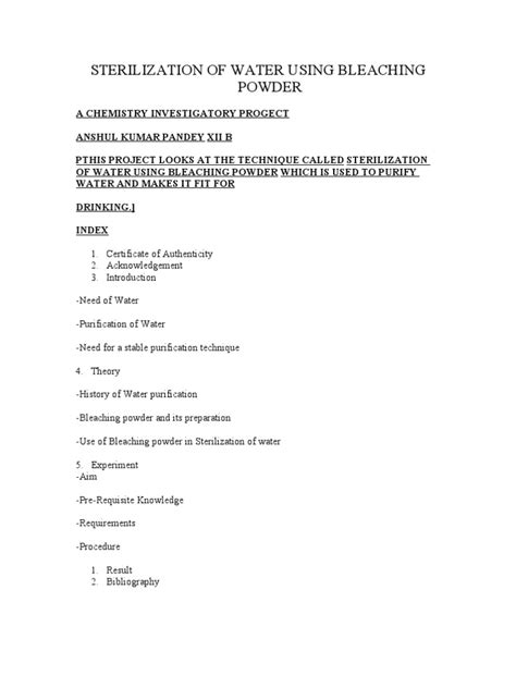 Sterilization Of Water Using Bleaching Powder Pdf Water Purification Bleach