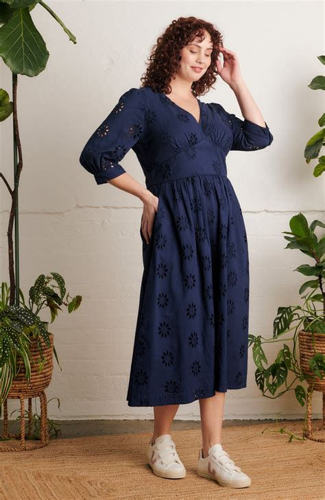 Amelia Floral Broderie Ink Navy Dress Emily And Fin