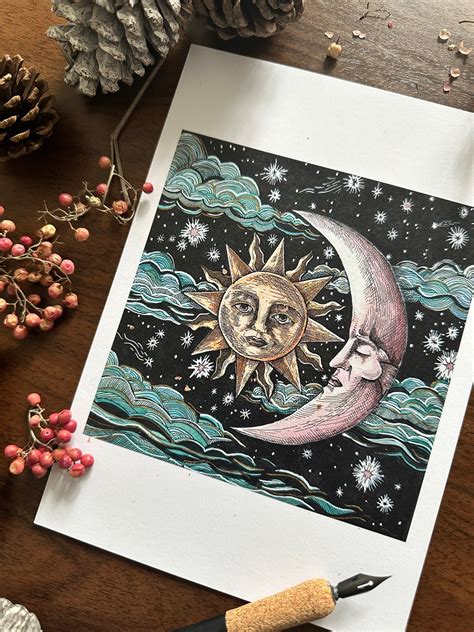 Celestial Sun And Moon Inktober Series Dip Pen And Ink Illustration A5