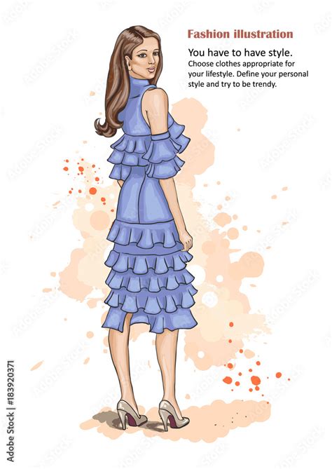 Cute Stylish Young Girl In Blue Dress Beautiful Woman In Fashion