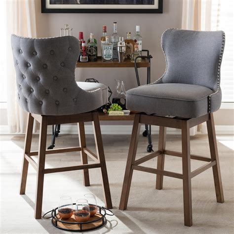 Baxton Studio Gradisca 31 In Gray Fabric Upholstered Swivel Bar Stool