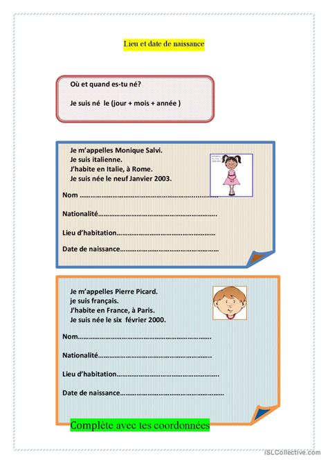 Lieu et date de naissance Français FLE fiches pedagogiques pdf doc