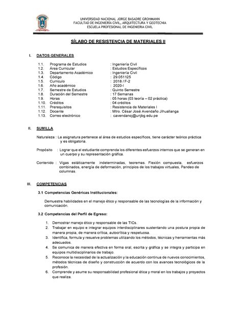 Silabo Resistencia De Materiales Ii I S Labo De Resistencia De