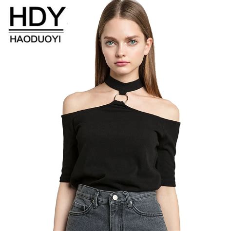 Hdy Haoduoyi Apparel Women Shirts Casual Solid Black Sexy Off Shoulder