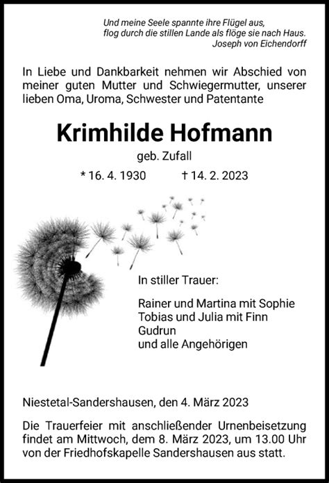 Traueranzeigen Von Krimhilde Hofmann Trauer HNA De