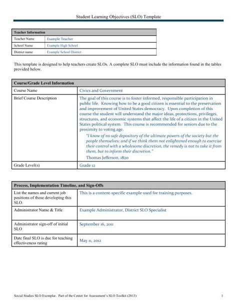 Student Learning Objectives (SLO) Template - Center for Assessment