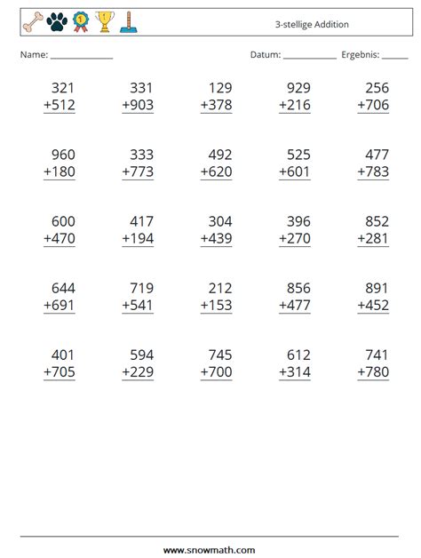 25 3 stellige addition Mathe Arbeitsblätter Mathe Übungen für Kinder