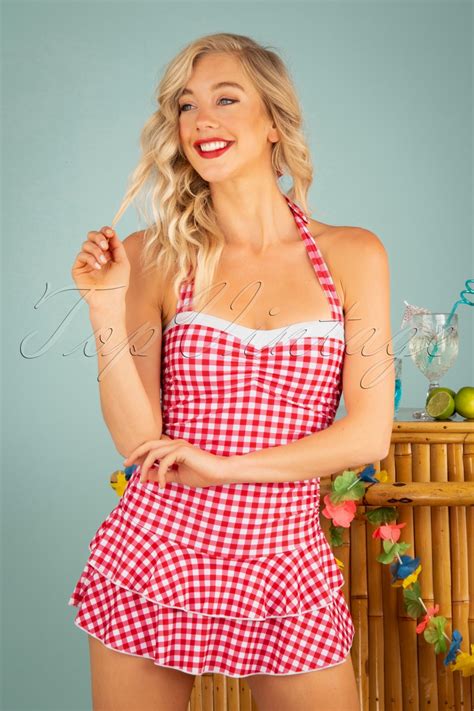 Pussy Deluxe Klassischer Gingham Neckholder Badeanzug in Rot und Weiß Einkaufen bei Topvintage