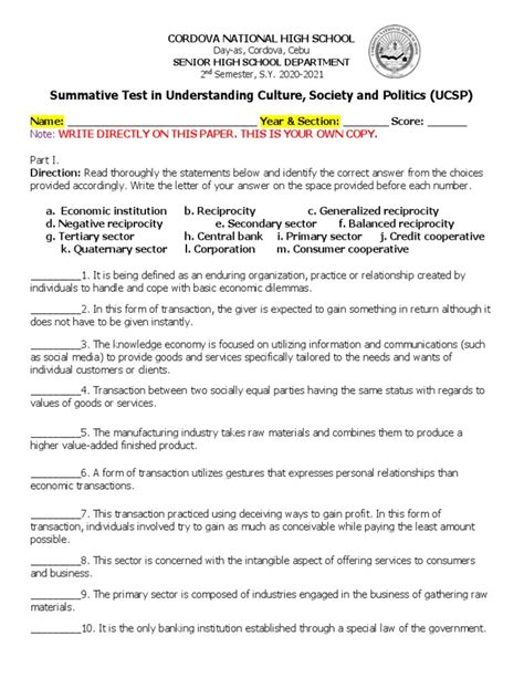 Summative Test In Understanding Culture Society And Politics Ucsp Pdf Cooperative