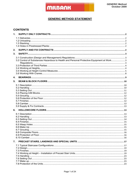 Generic Method Statement Contents