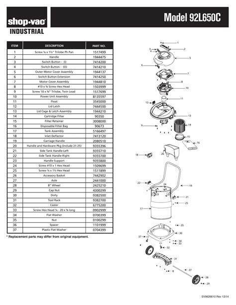 Shop Vac Parts List For 92l650c Models 15 Gallon Black Stainless S