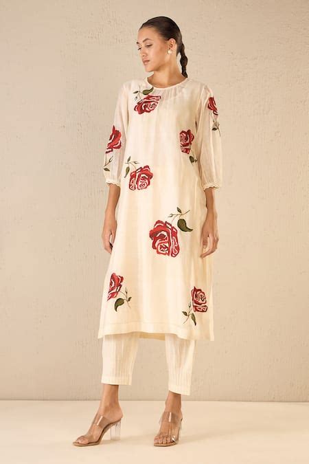 Buy Ivory Chanderi Applique Embroidered Floral Round Royal Rose Kurta