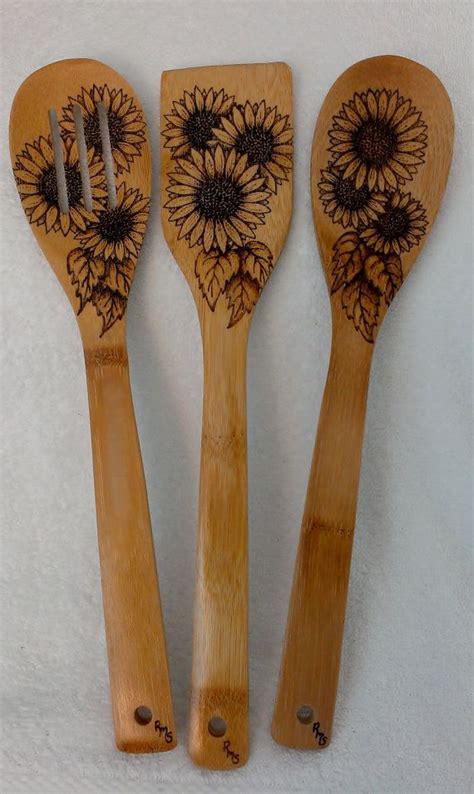 Kitchen Dining Sunflower Wood Spoon Wood Burned Wood Spoon Floral