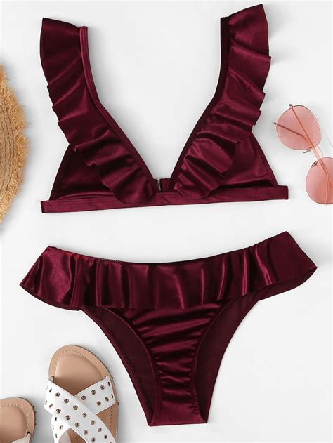 Ruffle Velvet Triangle Top With Panty Bikini Shein Sheinside Bikinis