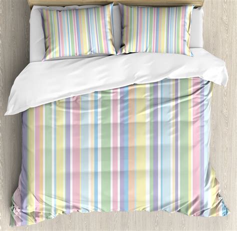 Pastel Duvet Cover Set Vertically Striped Pattern Different Colored