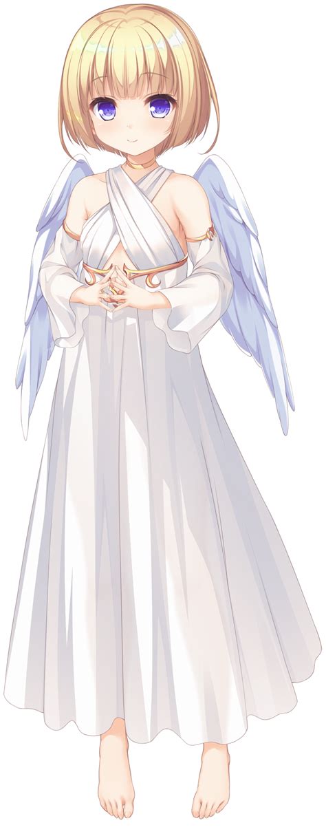 Safebooru 1girl Angel Wings Barefoot Blonde Hair Blue Eyes Detached Sleeves Dress Eyebrows