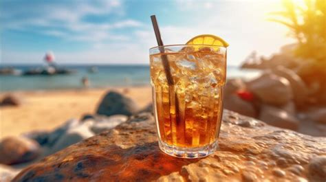 Um copo de chá gelado está sobre uma pedra na praia Foto Premium