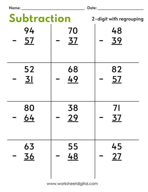 Double Digit Subtraction With Regrouping Worksheets Prntbl