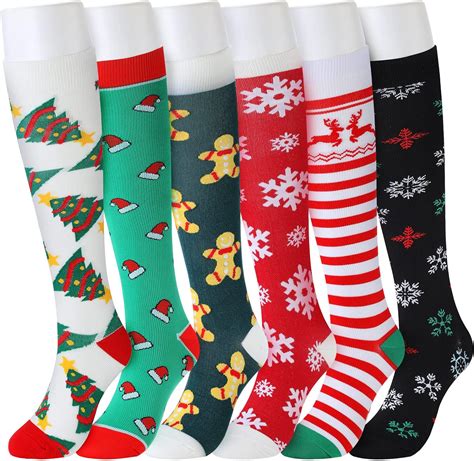 Foaincore 6 Pairs Christmas Socks Colorful Patterned Winter Compression Socks Novelty Women