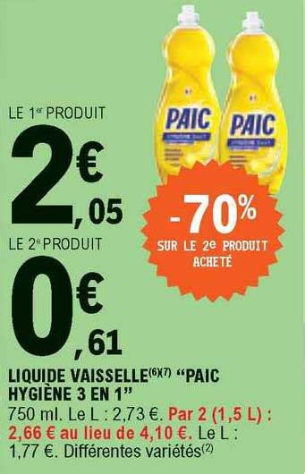 Promo Liquide Vaisselle paic Hygiène 3 En 1 chez E Leclerc