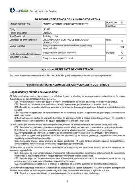 Pdf Datos Identificativos De La Unidad Formativaapps Lanbide Euskadi