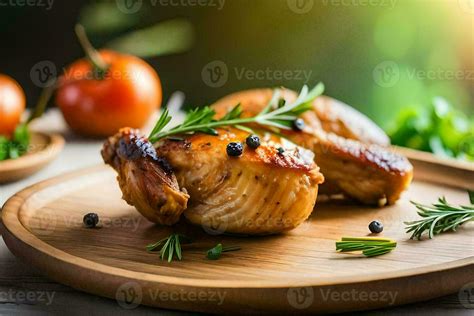 Two Chicken Breasts On A Wooden Plate With Herbs Ai Generated