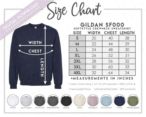 Semi Editable Gildan Sf000 Size Chart Color Chart Sf000 Softstyle Sweatshirt Size Chart Sf000