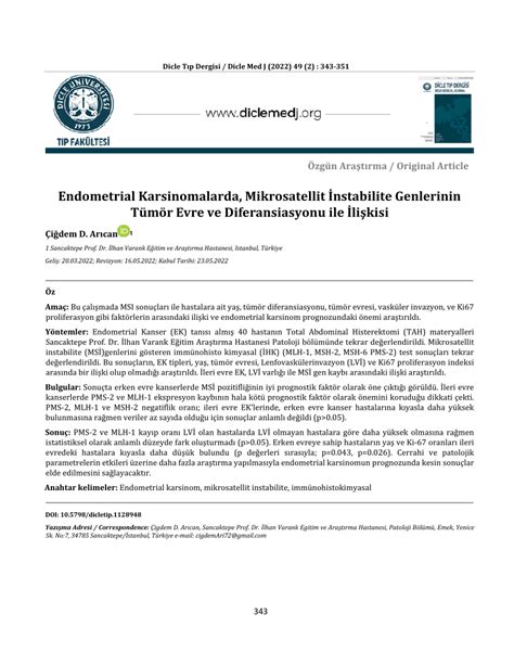 PDF Endometrial Karsinomalarda Mikrosatellit İnstabilite Genlerinin