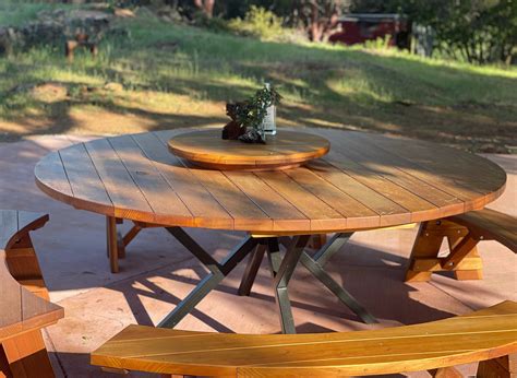 Round Wooden Picnic Table With Detached Benches