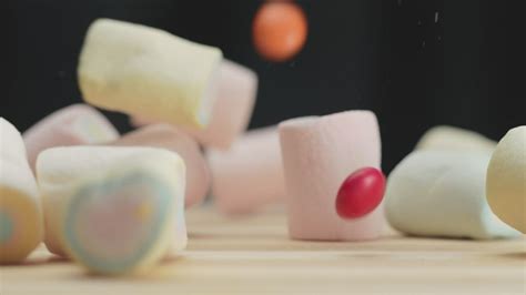 Marshmallows And Candies Falling Down In Slow Motion Free Stock Video